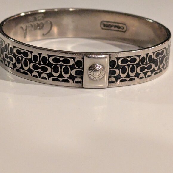 Authentic Coach Silver Tone Black C Signature 1/2 inch Bangle Bracelet - Picture 1 of 8